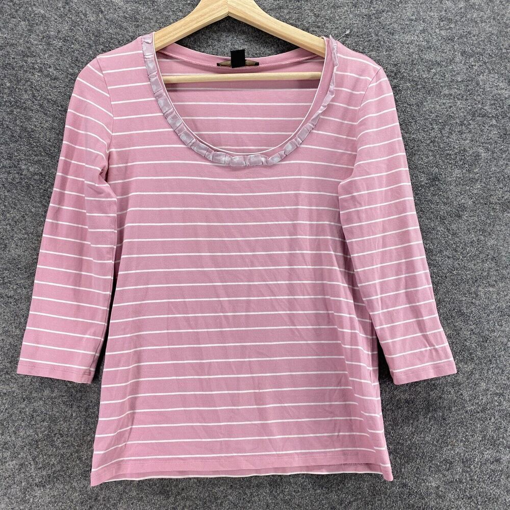 Weekend Max Mara T-Shirt Women S Small Pink Striped 3/4 Sleeve Cotton Round Neck